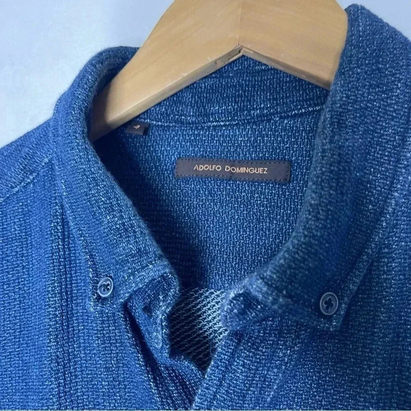 Adolfo Dominguez Knit Long Sleeve Blue Button Down Mens Shirt Size Medium - Picture 5 of 8